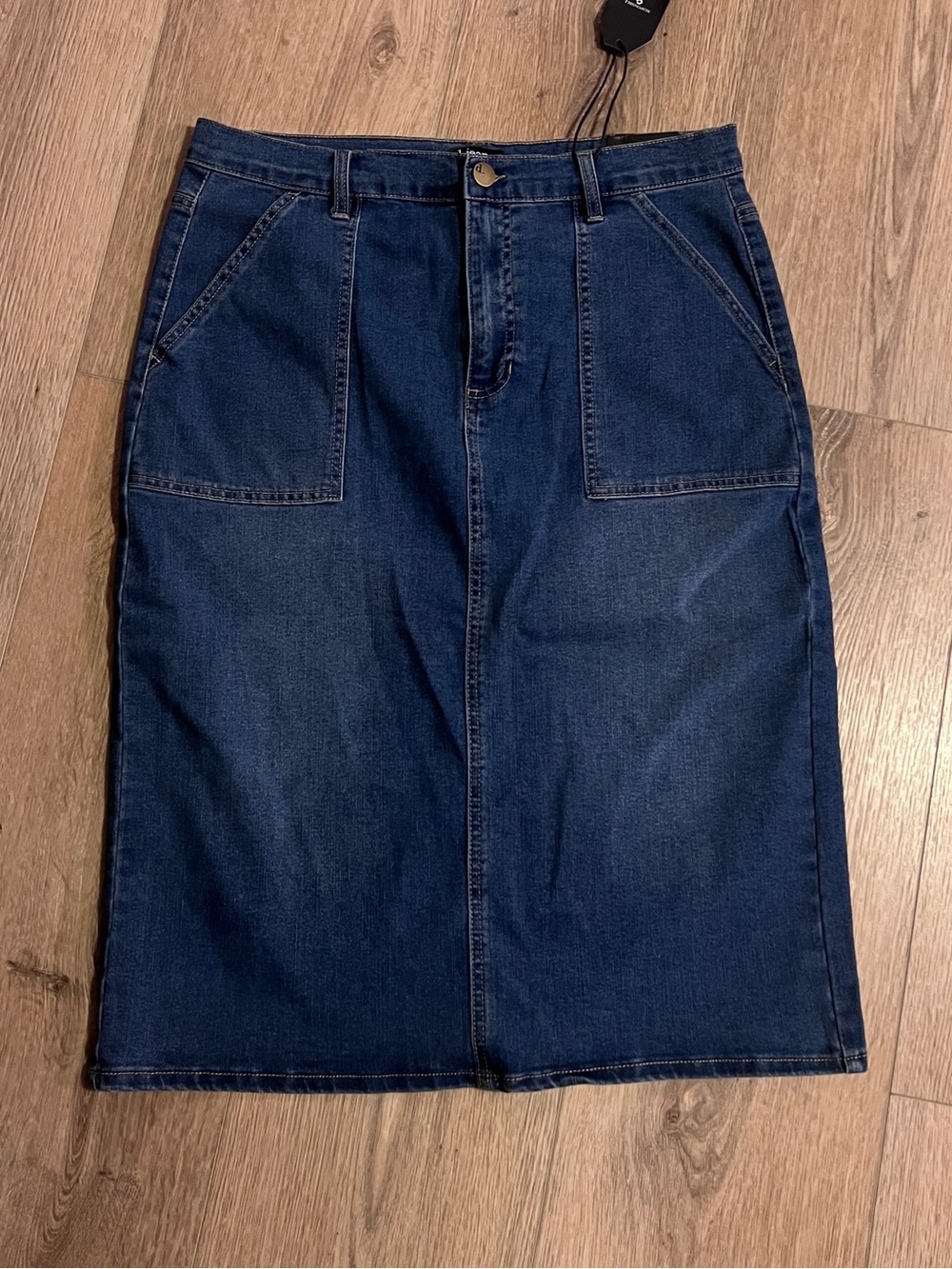 d. jeans Dark Blue Denim Midi Skirt with Front Patch Pockets